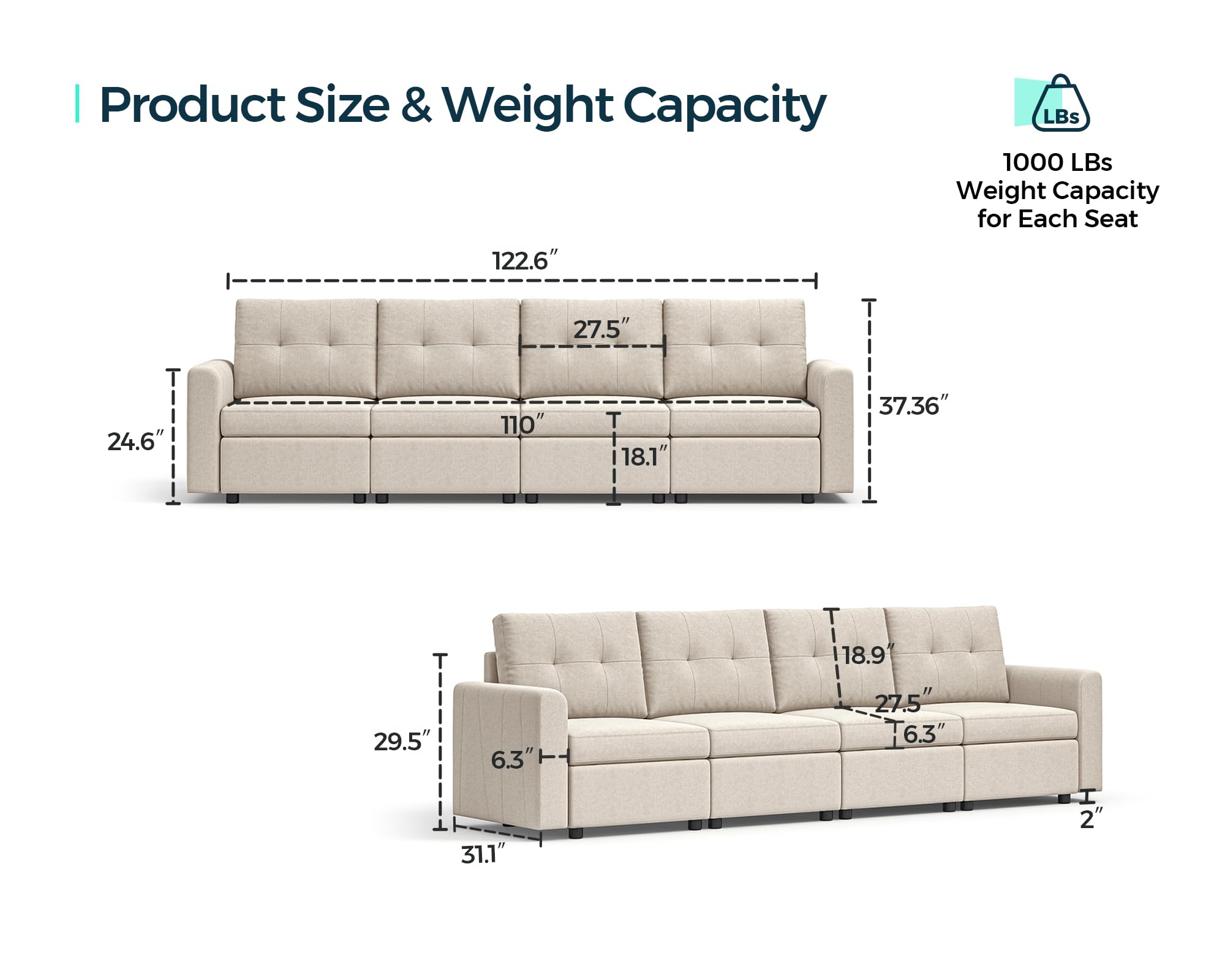 LINSY HOME Rubik III 4 Seats Fabric Sofa Set, Deep Seat Modular Sectional Sofa, Modern Extra Large Sofa Couch with Storage Seats & Removable Cover, 4 Seater Convertible Sofa, Dark Grey