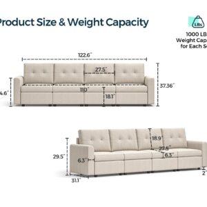 LINSY HOME RUBIK III 4 Seats Fabric Sofa Set, Deep Seat Modular Sectional Sofa, Modern Extra Large Sofa Couch with Storage Seats & Removable Cover, 4 Seater Convertible Sofa, Beige