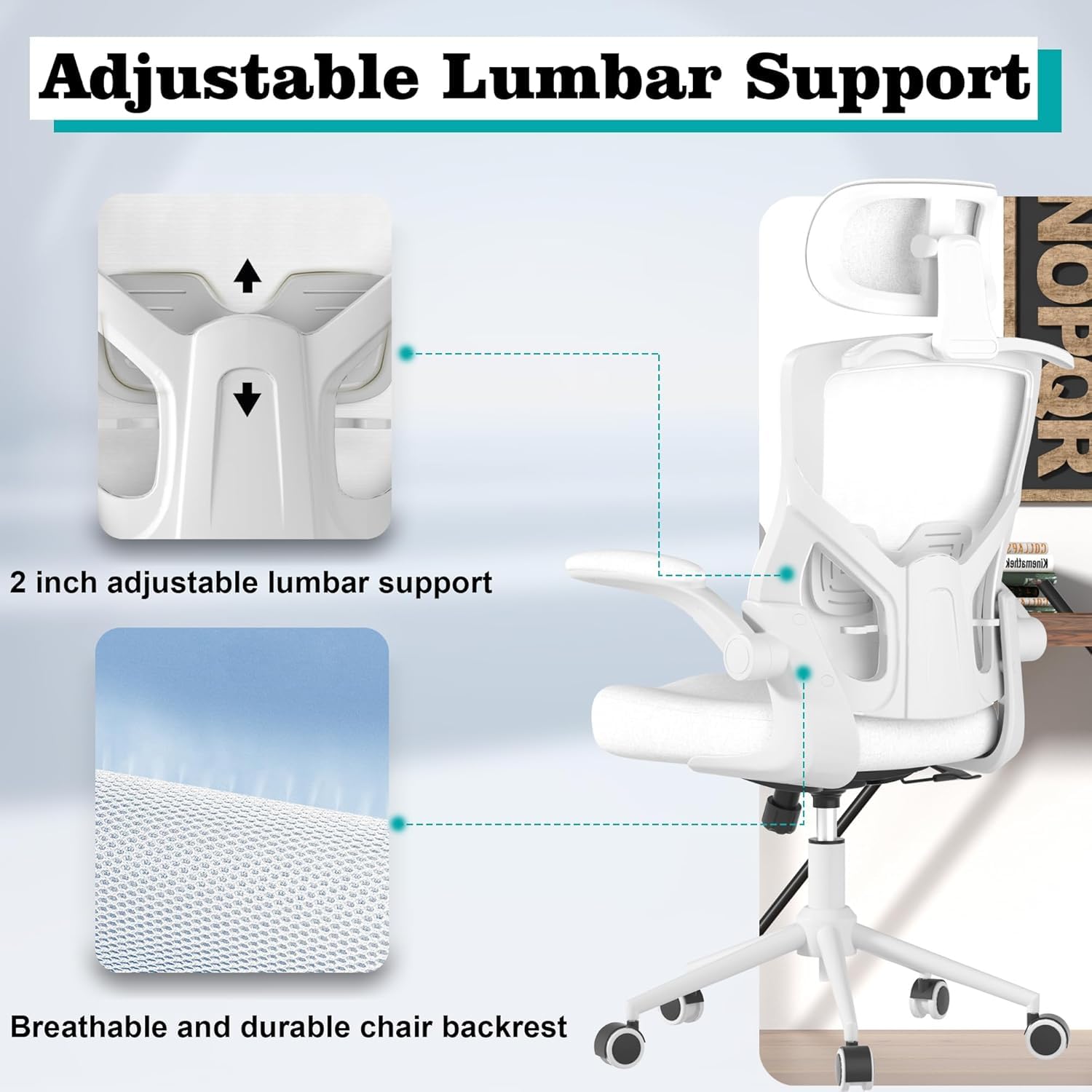 FOKESUN Ergonomic Office Chair, High Back Mesh Desk Chair with Molded Foam Cushion, Adjustable Headrest, Lumbar Support, Lock Function (All White)