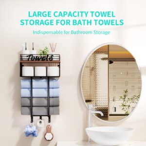 HapiRm Towel Rack Wall Mounted - Bathroom Towel Holder with Metal Storage Basket, Rolled Towel Storage with Wood Shelf, Bath Towel Organizer with 3 Hooks for Small Bathroom (Black)