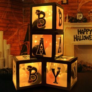 baby first halloween decorations balloons boxes 4 pcs baby letter blocks transparent box with 4 led light strings - halloween baby shower party supplies decoration - a baby is brewing party supplies