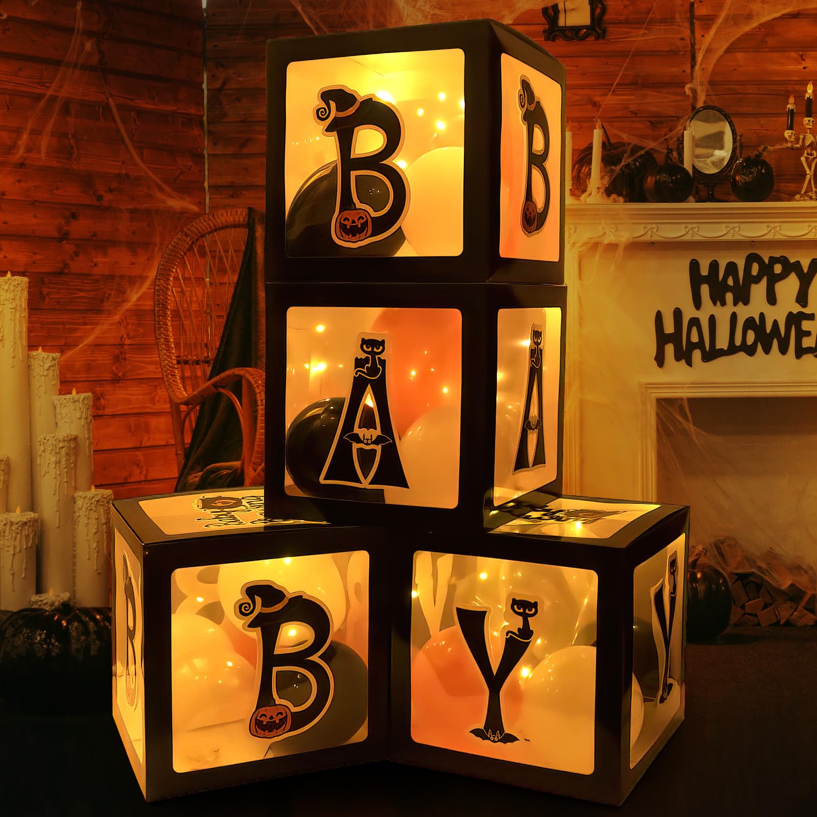 Baby First Halloween Decorations Balloons Boxes 4 Pcs Baby Letter Blocks Transparent Box with 4 LED Light Strings - Halloween Baby Shower Party Supplies Decoration - A Baby is Brewing Party Supplies