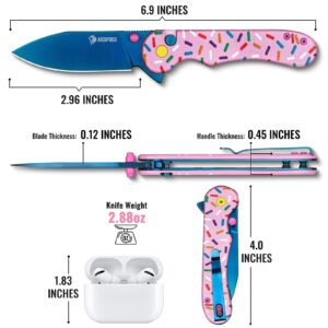 NedFoss DONUT Pink Pocket Knife for Women Men, 2.96" Blade Small EDC Knife, 14C28N Steel Button Lock Knife, Unique Donut Design G10 Handle Folding Utility Knife