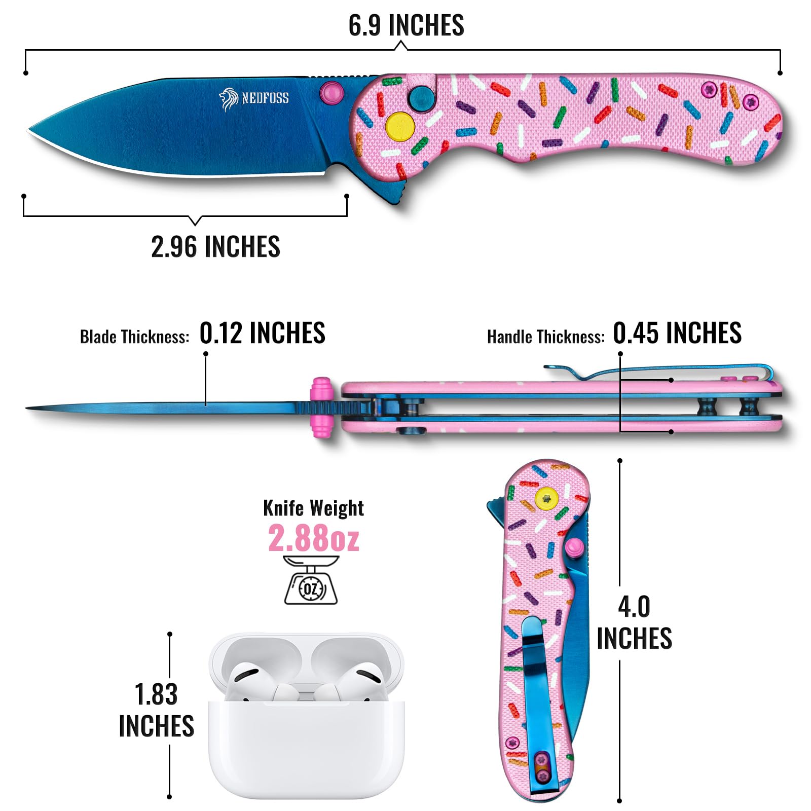 NedFoss DONUT Pink Pocket Knife for Women Men, 2.96" Blade Small EDC Knife, 14C28N Steel Button Lock Knife, Unique Donut Design G10 Handle Folding Utility Knife