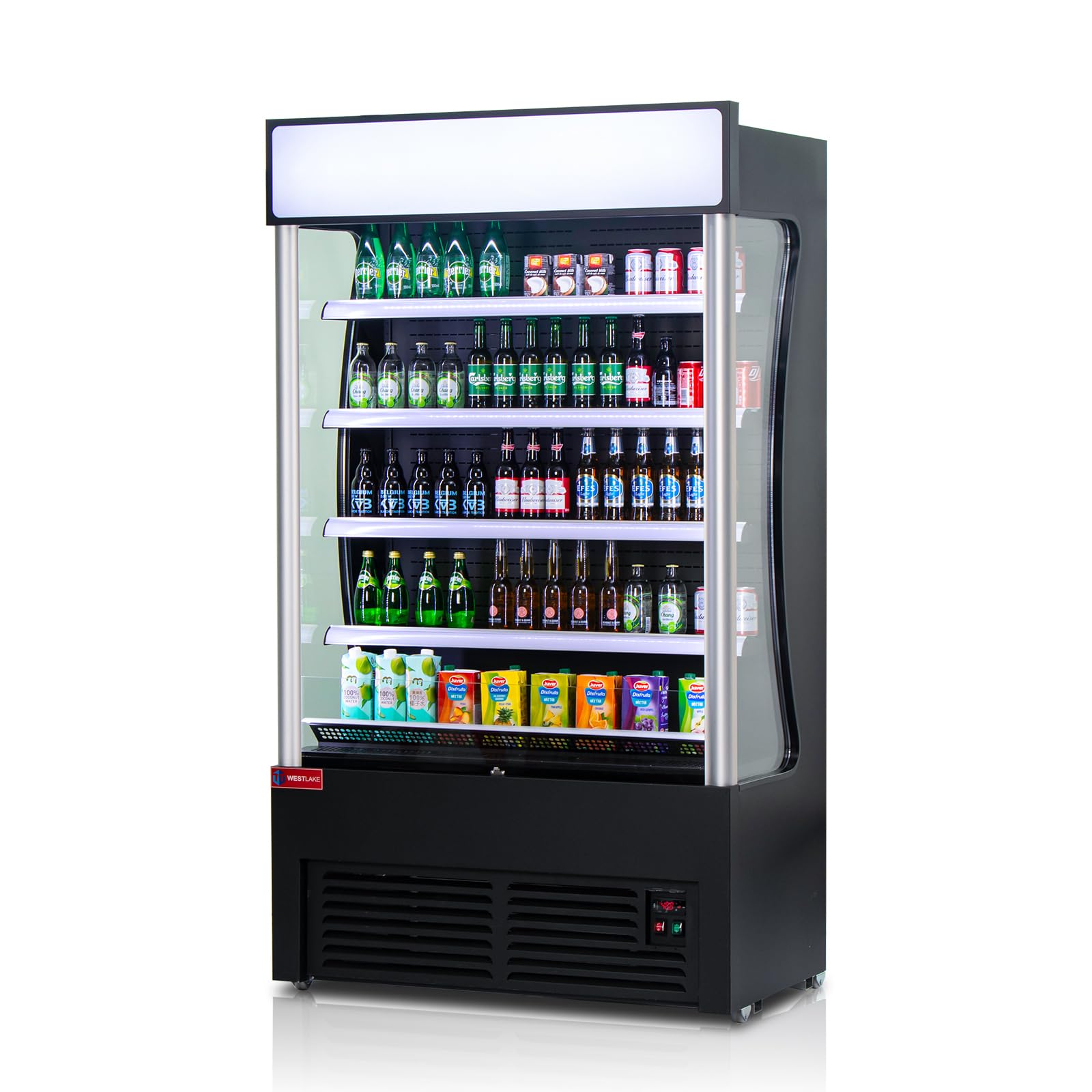 WESTLAKE Commercial Refrigerator Open Air Merchandiser with LED Lighting and Night Curtain 24 Cu.ft 45.7” W 25.6" D Upright Fan Cooling Display Cooler for Stores, Supermarkets, Bar, Shops, etc