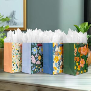 cofullsky Gift Bags Medium Size, Four Flower Designs Gift Bags with Tissue Paper for Wedding Bridal Baby Shower Women Reusable Gift Bags with Handles for Valentines Day Christmas Holiday Birthdays