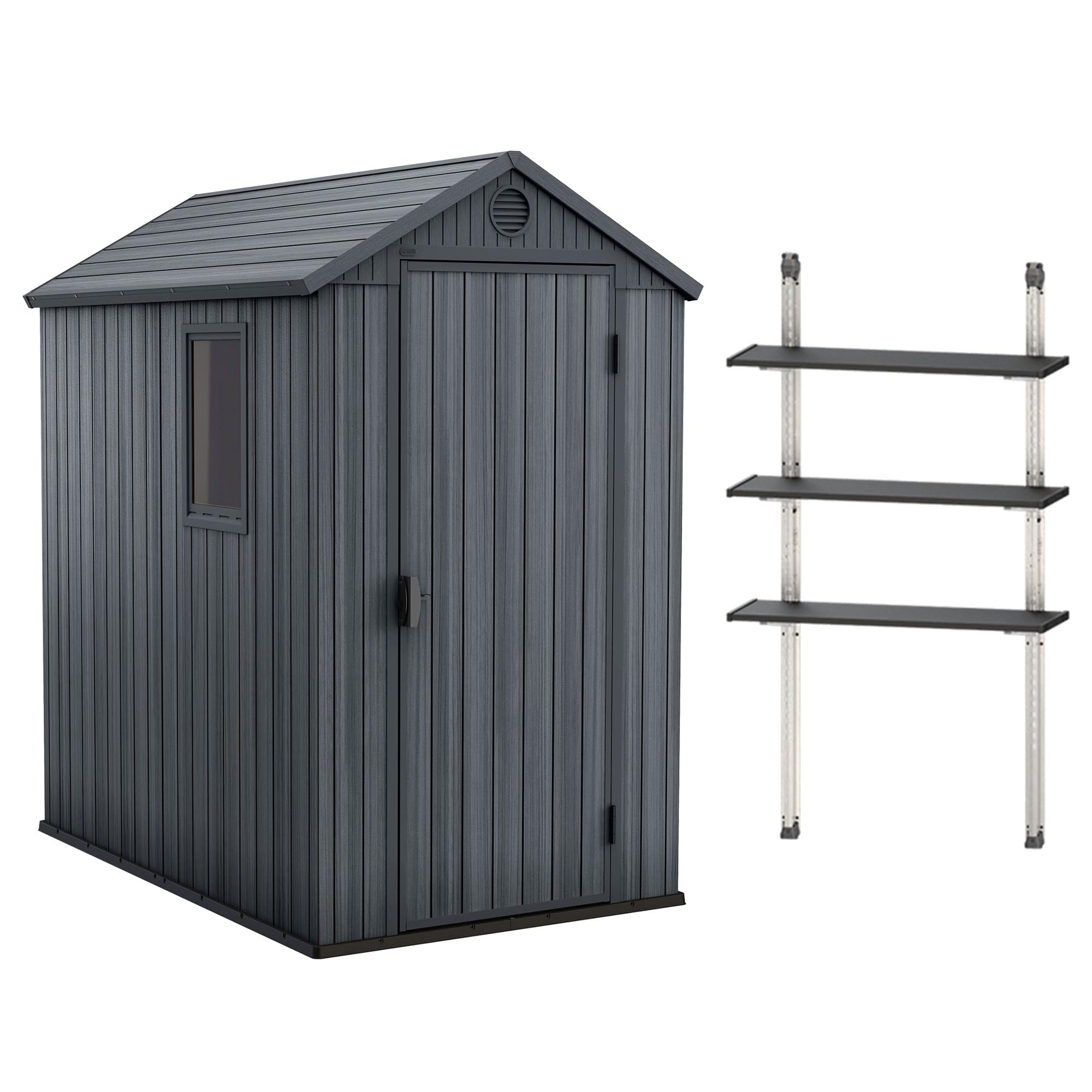 Keter Darwin 4 x 6 Foot Outdoor Garden Tool Storage Shed Backyard Utility Organizer Bundled with 40 Inch Steel Shelving Kit, Graphite Gray