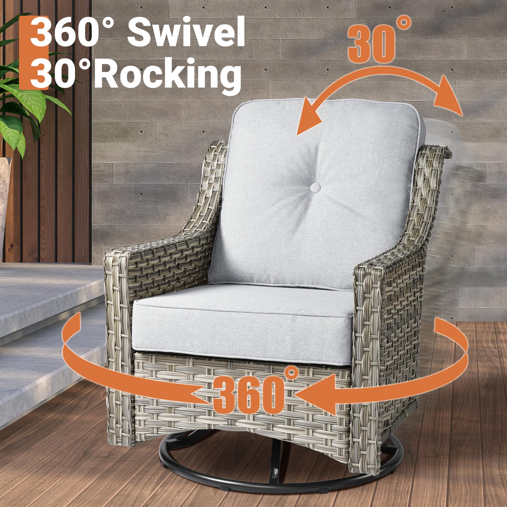 ovios 8 Piece Outdoor Patio Furniture with Cozy Comfortable Swivel Chair,Rattan Wicker Coversation Couch Set with 3 Seater Sofa,Sectional Set for Outside Patio Balcony Backyard Pool,Light Grey