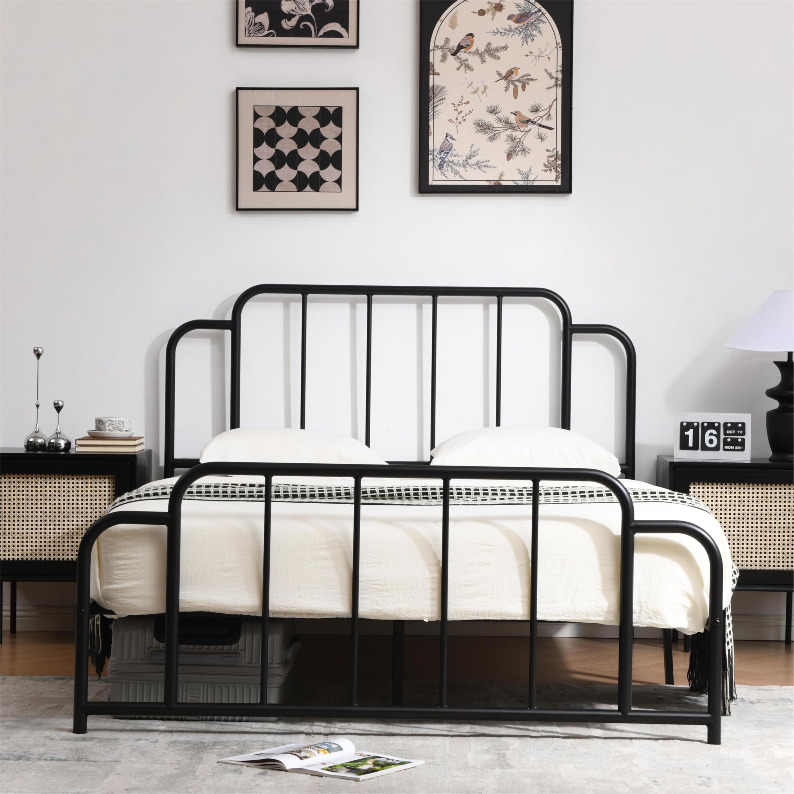 PINJU Metal Platform Bed Frame with Headboard and Footboard, Classic Style, Sturdy Metal Slats, No Box Spring Needed, Easy Installation (Black, Queen)