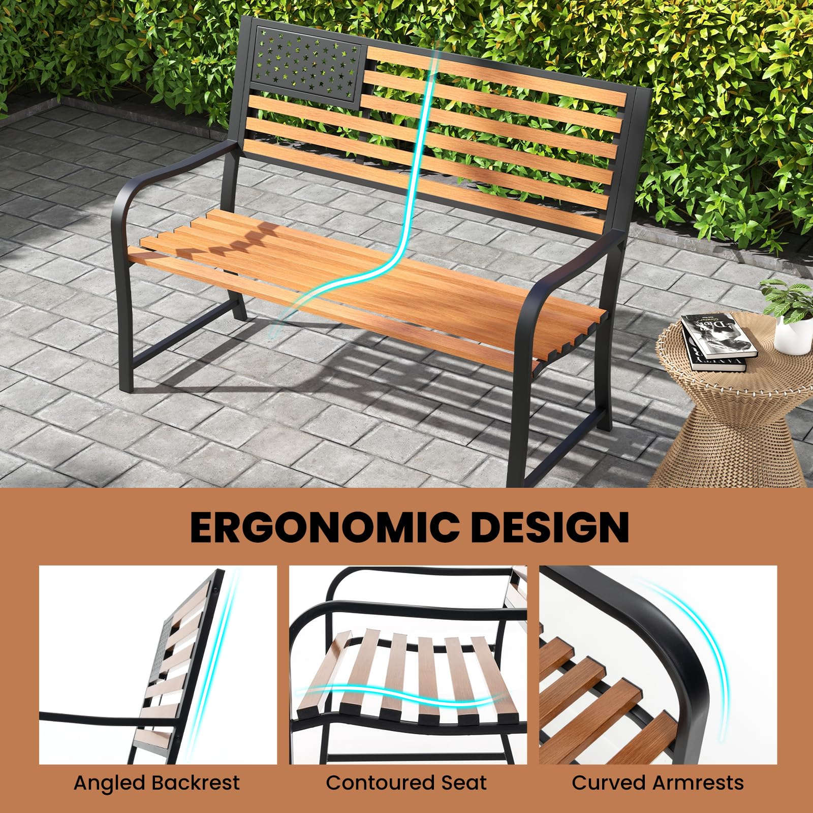 Tangkula 50” Outdoor Garden Bench, 2-Person Metal Patio Chair with Flag Pattern Backrest & Rustic Wood Grain Finish, Patriotic Bench with Arms for Porch, Deck, Park, Brown & Black