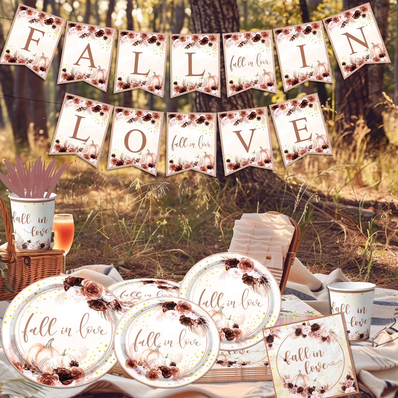 Fall in Love Bridal Shower Decorations-142pcs Fall Wedding Tableware Fall In love Pumpkin Floral Plates and Napkins for Fall Theme Wedding Engagement Supplies