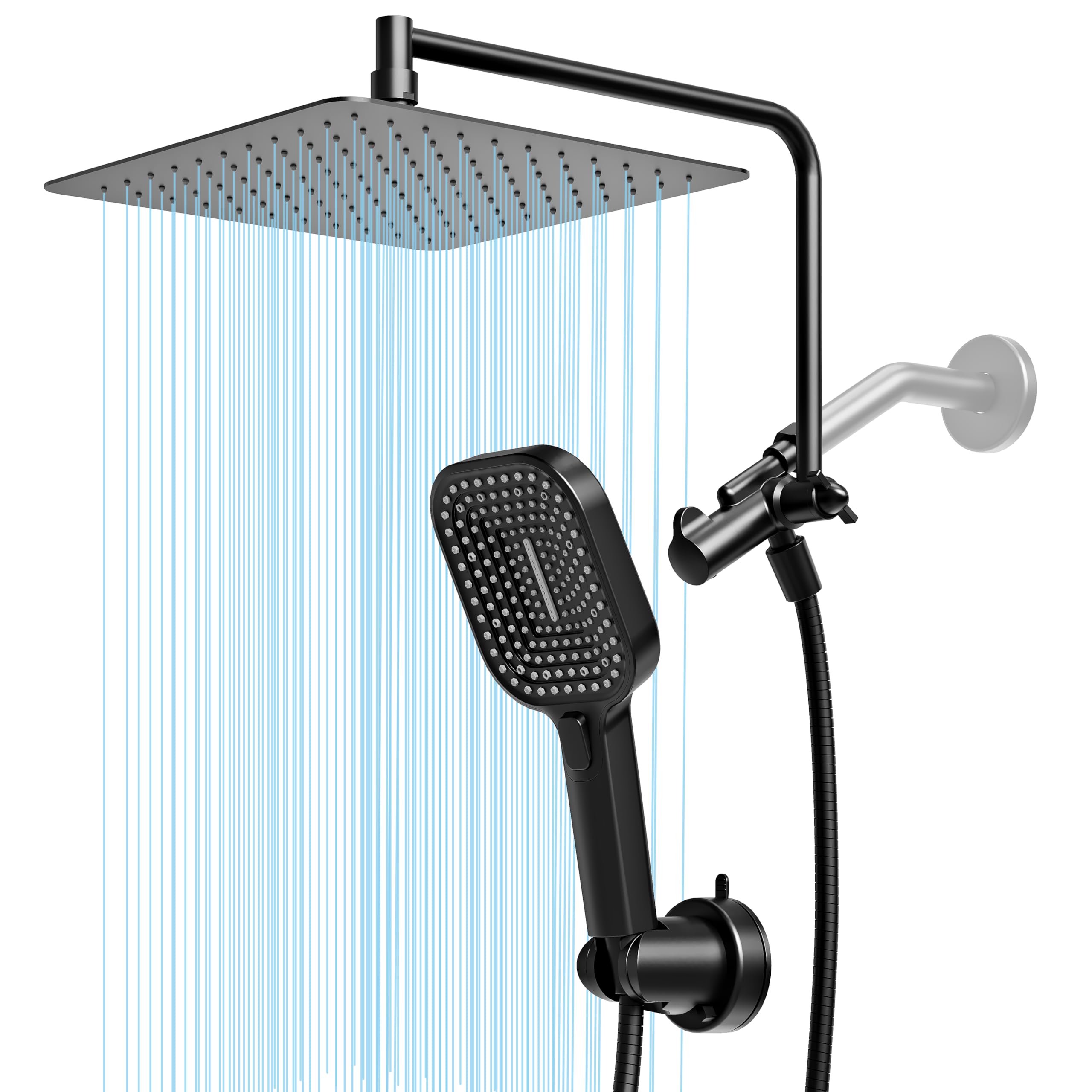 Esnbia Rain Shower Heads with Handheld Spray Combo, 10 Inch High Pressure Rainfall Shower Head with 11" Extension Arm, 3 Setting Handheld Shower Head with Suction Cup Shower Holder, Matte Black