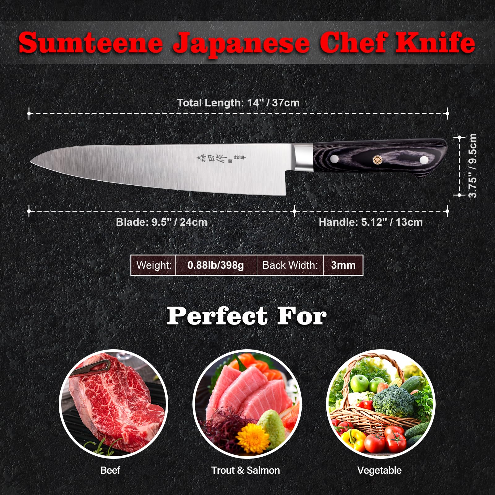 Sumteene Japanese Chef Knife 9.5 inches, Professional Sushi Knife with Pakkawood Ergonomic Handle, Sharp Japanese Knife, Japanese Gyuto Knife for Household or Work