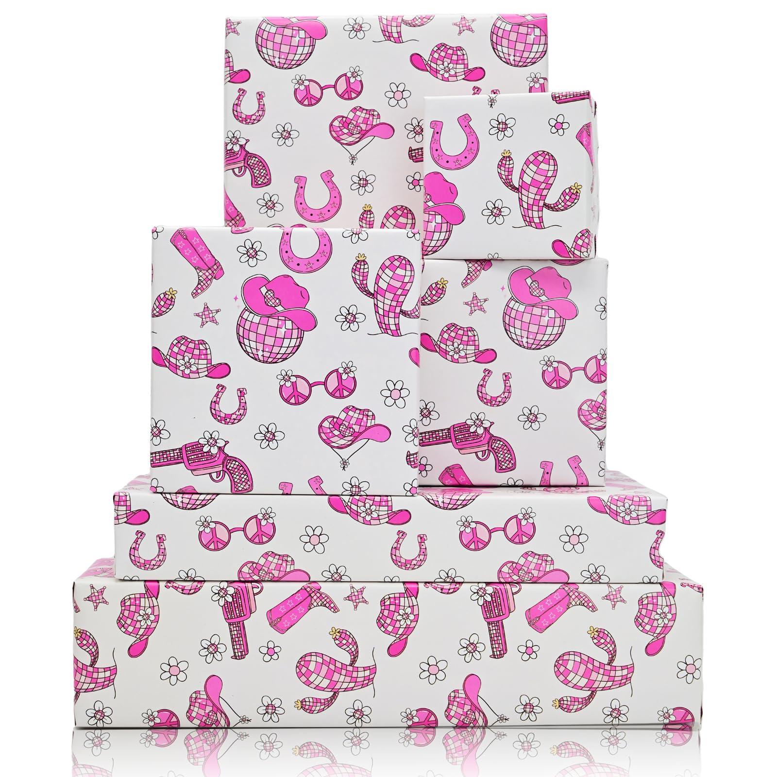 Vnaaem Western Cowgirl Wrapping Paper 6 Pcs Pink Disco Cactus Cow Boots and Hat Patterns for Girls Music Fans Women Birthday Baby Shower Party DIY Crafts Gift Packing 19.6 X 27.8 Inch