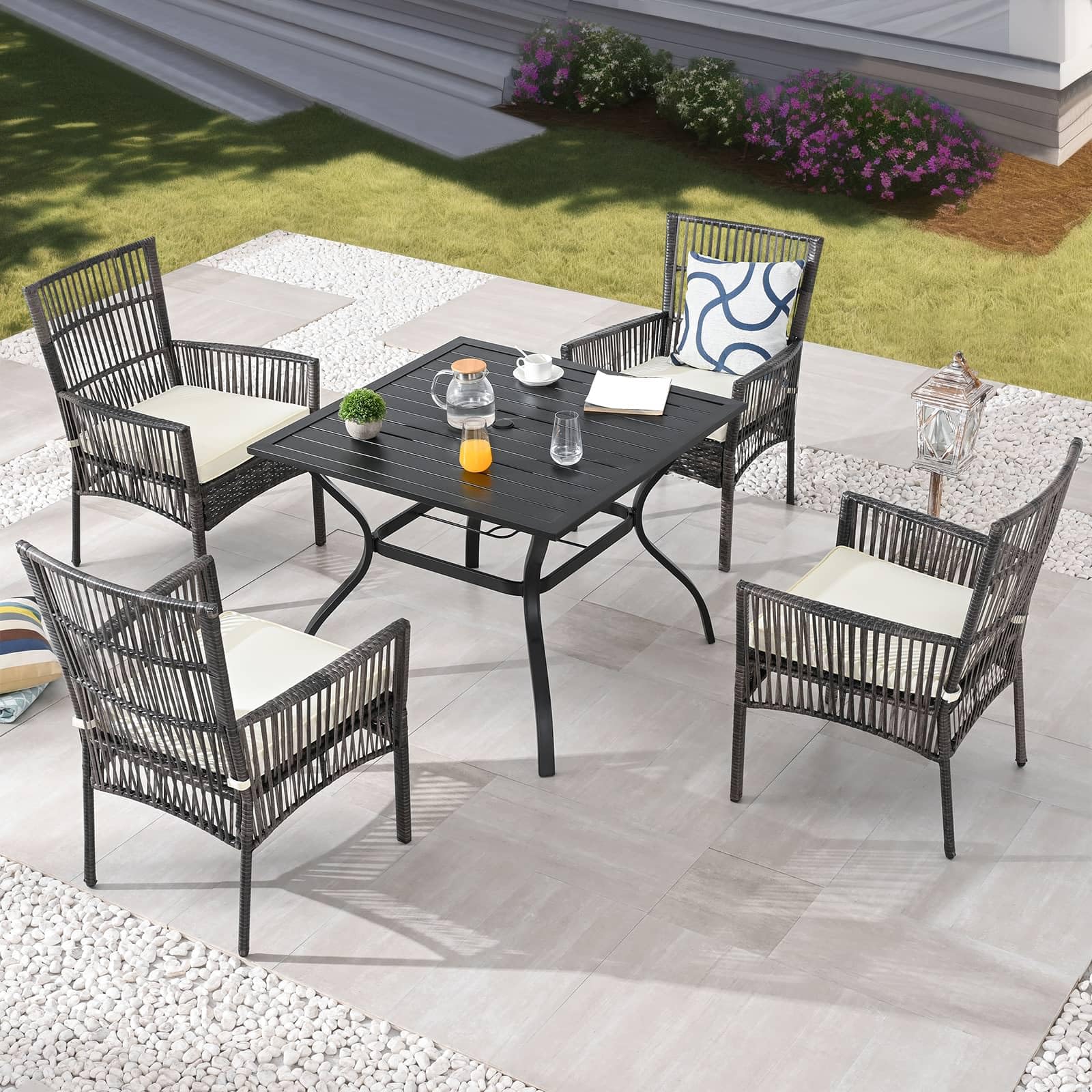 PatioFestival Patio Dining Set 5 Pieces Outdoor Furniture Sets Outside Table Wicker Chairs with Galvanized Steel Frame (5Pcs,Beige)