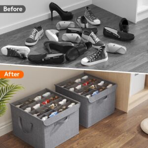 Lifewit Shoe Organizer for Closet, Adjustable Dividers Shoe Storage Fits 16 Pairs, Clear Cover Shoe Box Fits for Boots Heels Sneakers, Foldable Storage Bins with Bottom Support, Light Gray, 2 Pack