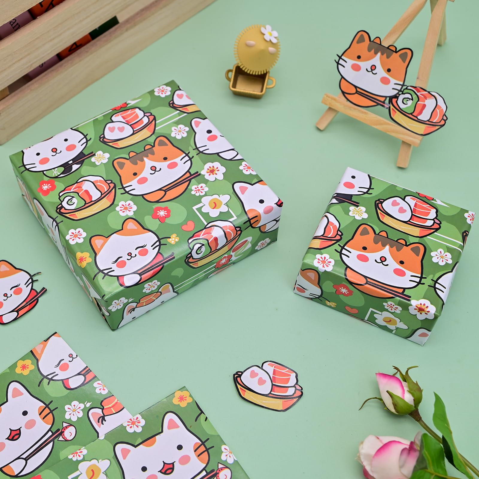 Vnaaem Sushi Cat Wrapping Paper 6 Pc Cute Kawaii Cat Japanese Food Gift Wrap Paper for Kids Girls Boys Birthday Baby Shower Holiday,19.6 X27.8Inch