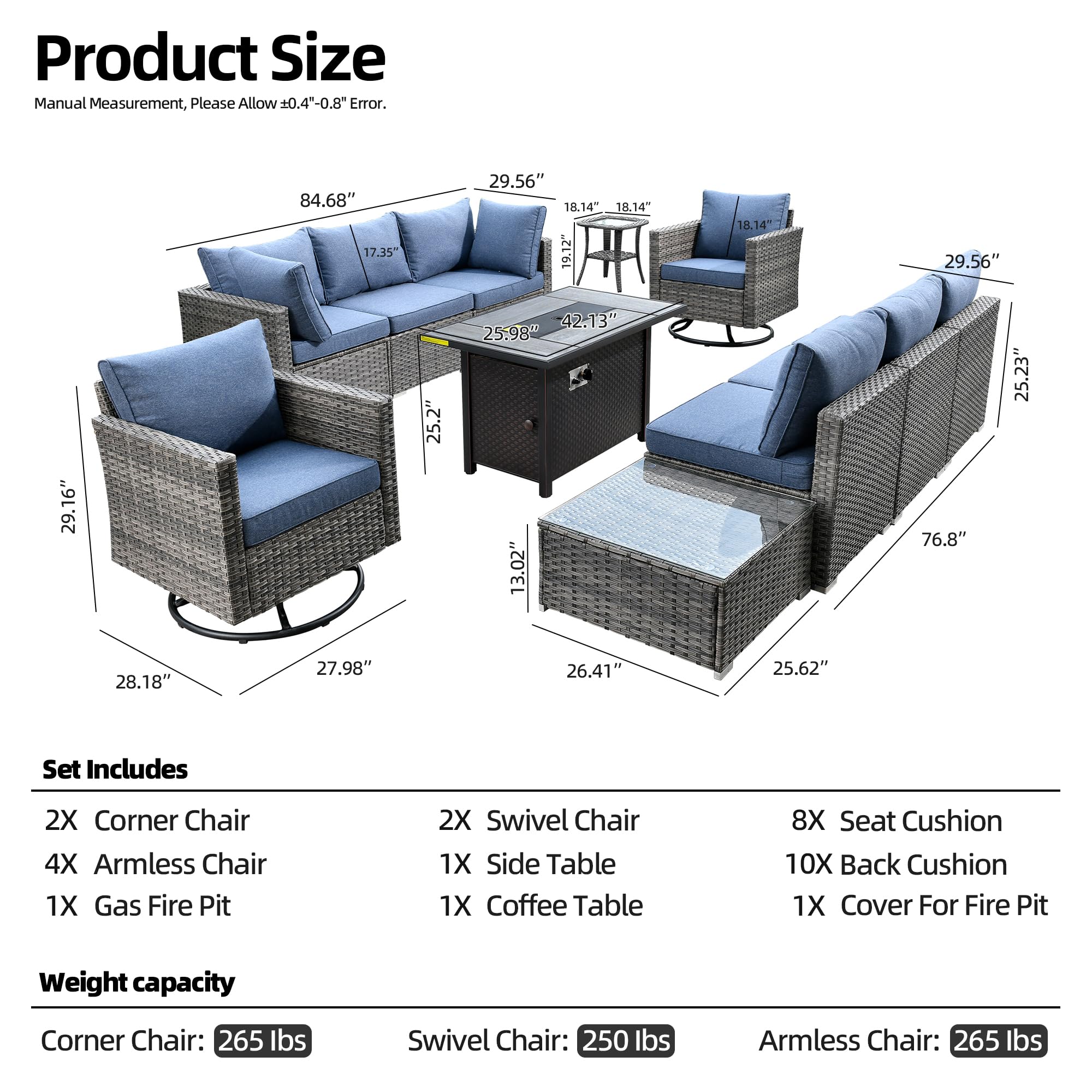 CAODOC 11 Pieces Outdoor Patio Furniture Set, Rattan Wicker Sectional Glide Rocker Chairs Sets with Fire Pit, Swivel Glider Chairs, and Coffee Table