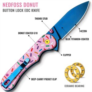 NedFoss DONUT Pink Pocket Knife for Women Men, 2.96" Blade Small EDC Knife, 14C28N Steel Button Lock Knife, Unique Donut Design G10 Handle Folding Utility Knife