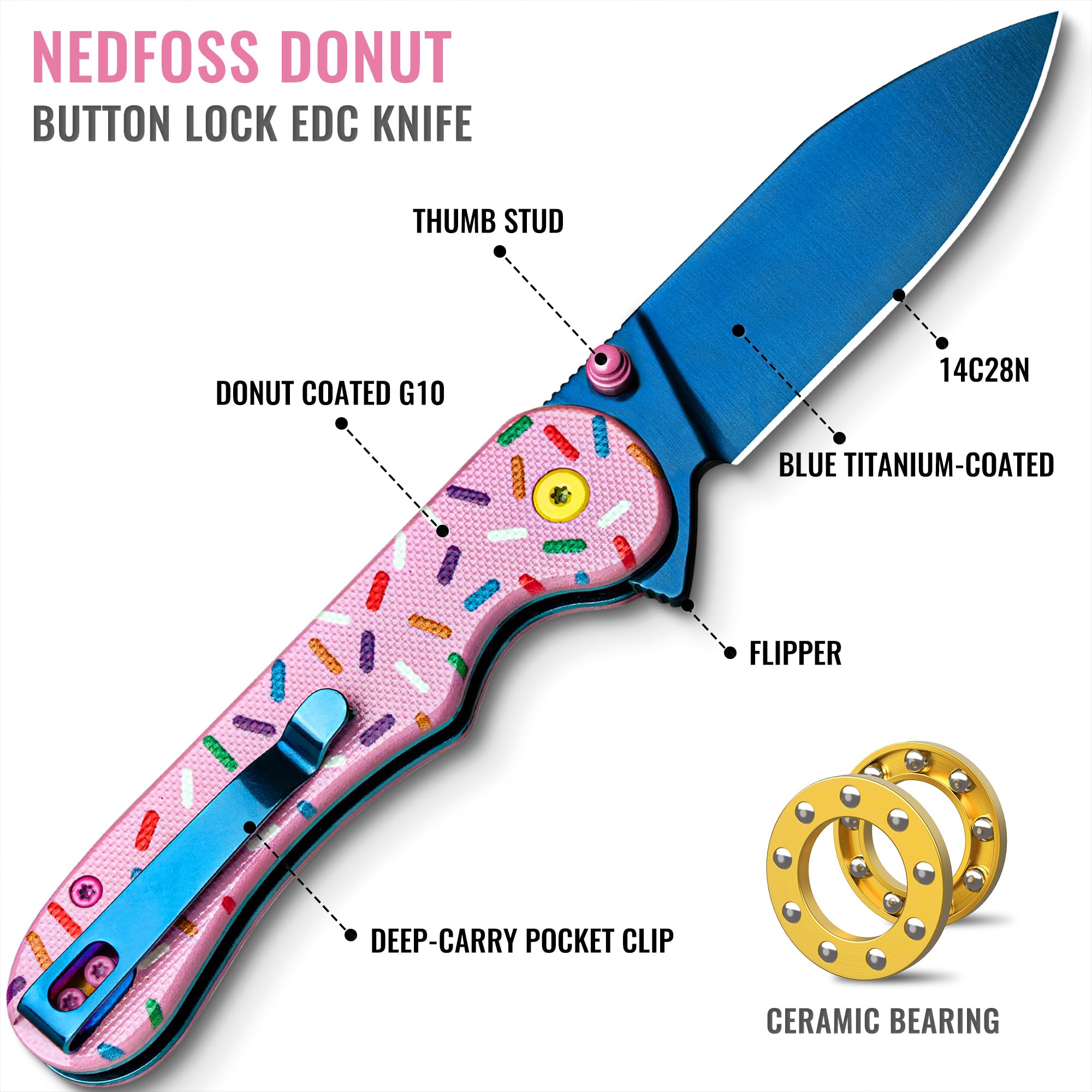 NedFoss DONUT Pink Pocket Knife for Women Men, 2.96" Blade Small EDC Knife, 14C28N Steel Button Lock Knife, Unique Donut Design G10 Handle Folding Utility Knife