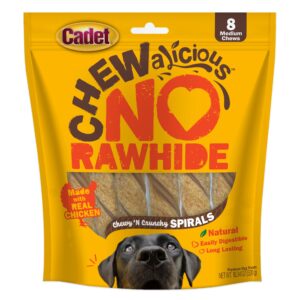 cadet chewalicious chewy 'n crunchy spiral dog treats, limited ingredient rawhide-free dog chews, long-lasting made with real chicken, 8 count (pack of 1)