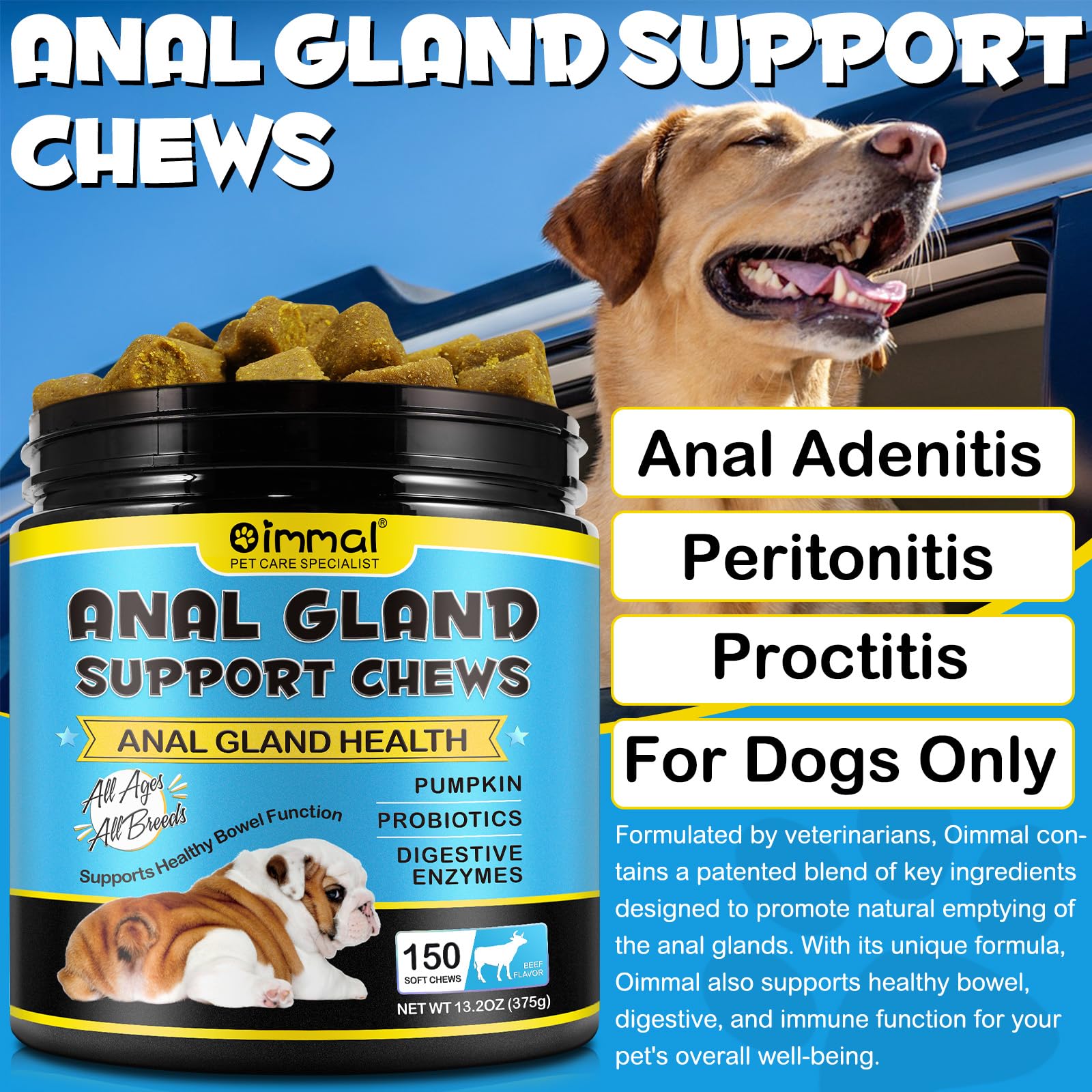 Anal Gland Support Supplement with Pumpkin Puree for Dogs, Dog Diarrhea Support Supplements, Dog Analgland Digestive Support Supplement Treatment Chews with Digestive Enzymes & Probiotics - 150 PCS