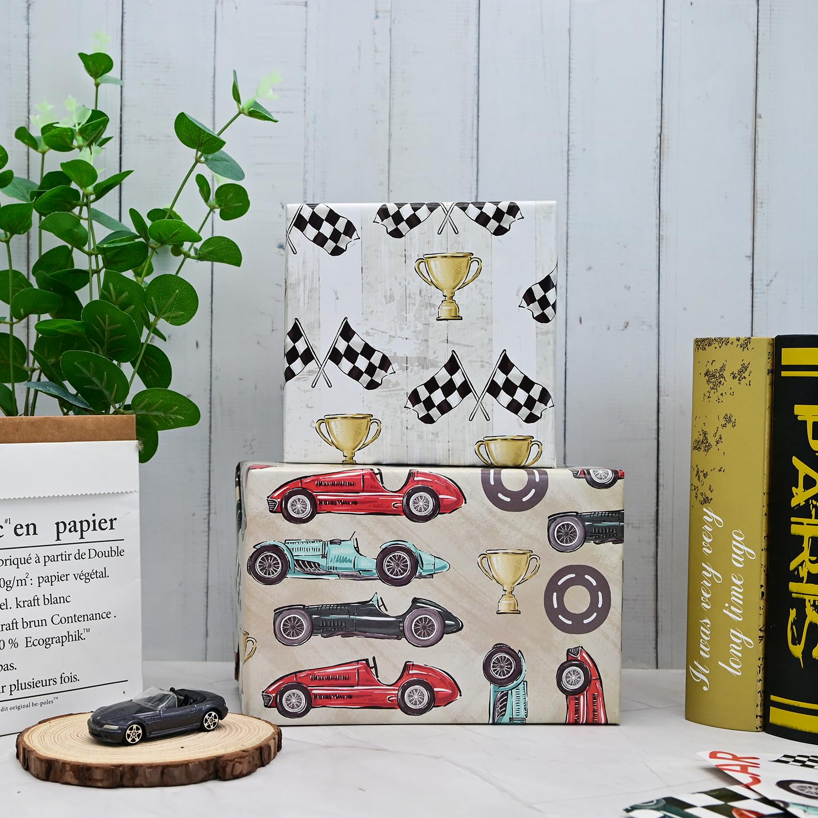 Vnaaem 8 Pc Race Car Wrapping Paper - Birthday Wrapping Paper for Kids Boys - Vintage Retro Car Gift Wrap for Christmas Birthday Baby Shower Holiday 19.6 X27.8Inch