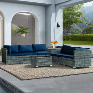 Pierybyt 8-Piece PE Rattan Wicker Outdoor Sectional Sofa Set, Modular Patio Furniture with Thickened Cushions, Hidden Storage & Conversation Patio Set with Glass Top Coffee Table (Gray-Blue)