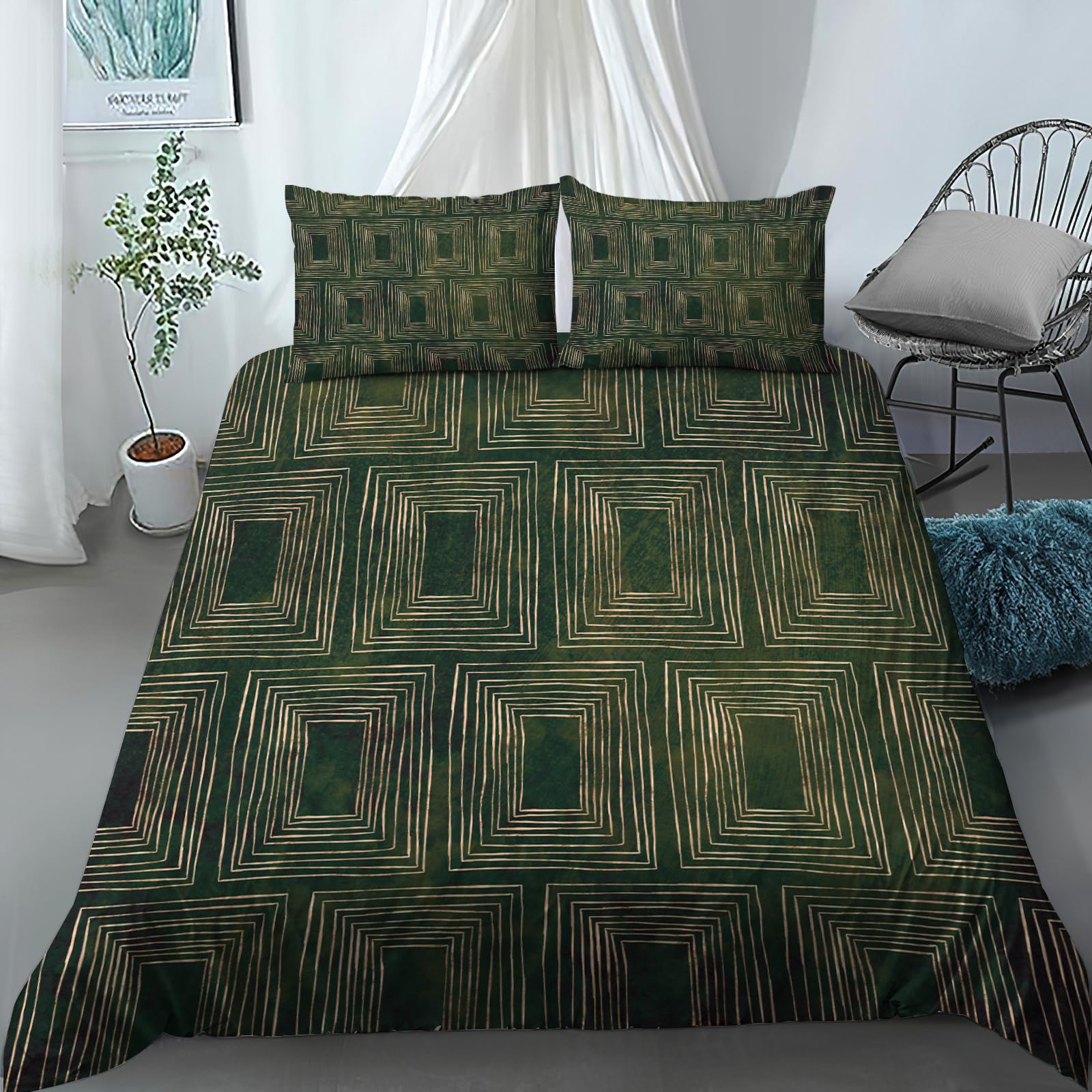 SRHMYWGY Duvet Covers Queen Size (90 X 90 Inches) - 3D Print Modern Hotel Luxury Fashion Geometric Texture Black Green Bedspreads - 3 Pieces (1 Duvet Cover + 2 Pillow Shams), Ultra Soft Microfiber