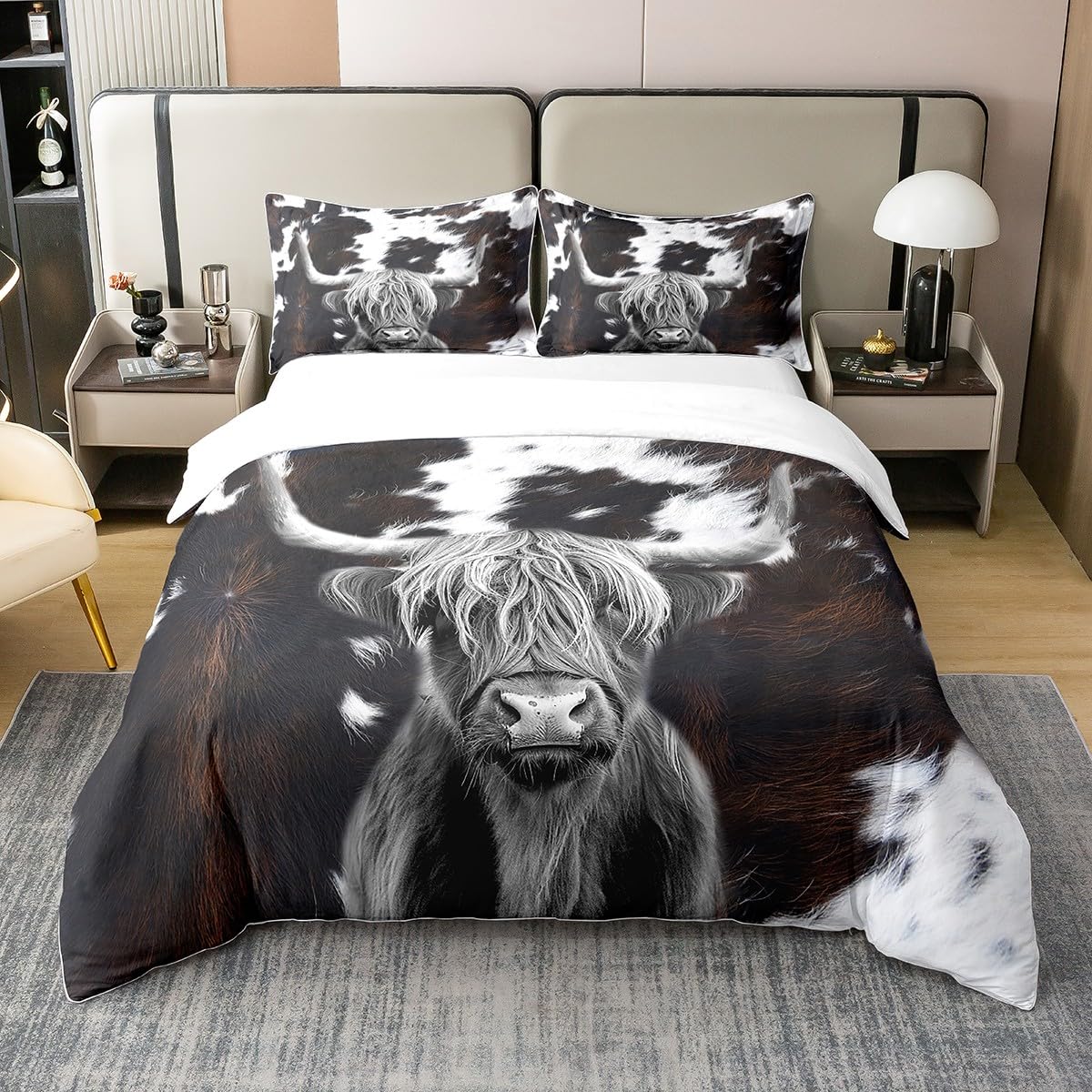 Cow Skin Duvet Cover 100% Nature Cotton King,Realistic Cowhide Print Western Highland Cattle Comforter Cover,Vinateg Country Decor All Season Super Soft Bedding Bedroom Decor