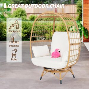 Temminkki Oversized Wicker Egg Chair Outdoor Indoor All-Weather Basket Lounger Chair with Beige Cushion 440lb Capacity