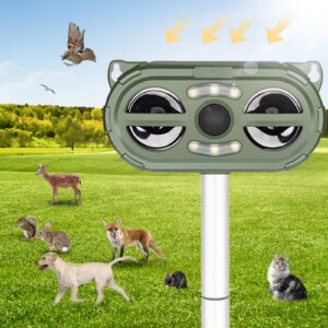 solar ultrasonic animal repeller, 2024 dog cat repellent outdoor, deer repellent with motion detection led flashing light for squirrel, rabbit, bird,raccoon, fox, deer, skunk, etc