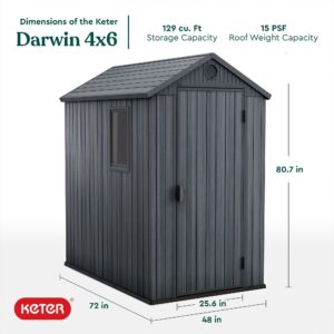 Keter Darwin 4 x 6 Foot Outdoor Garden Tool Storage Shed Backyard Utility Organizer Bundled with 40 Inch Steel Shelving Kit, Graphite Gray