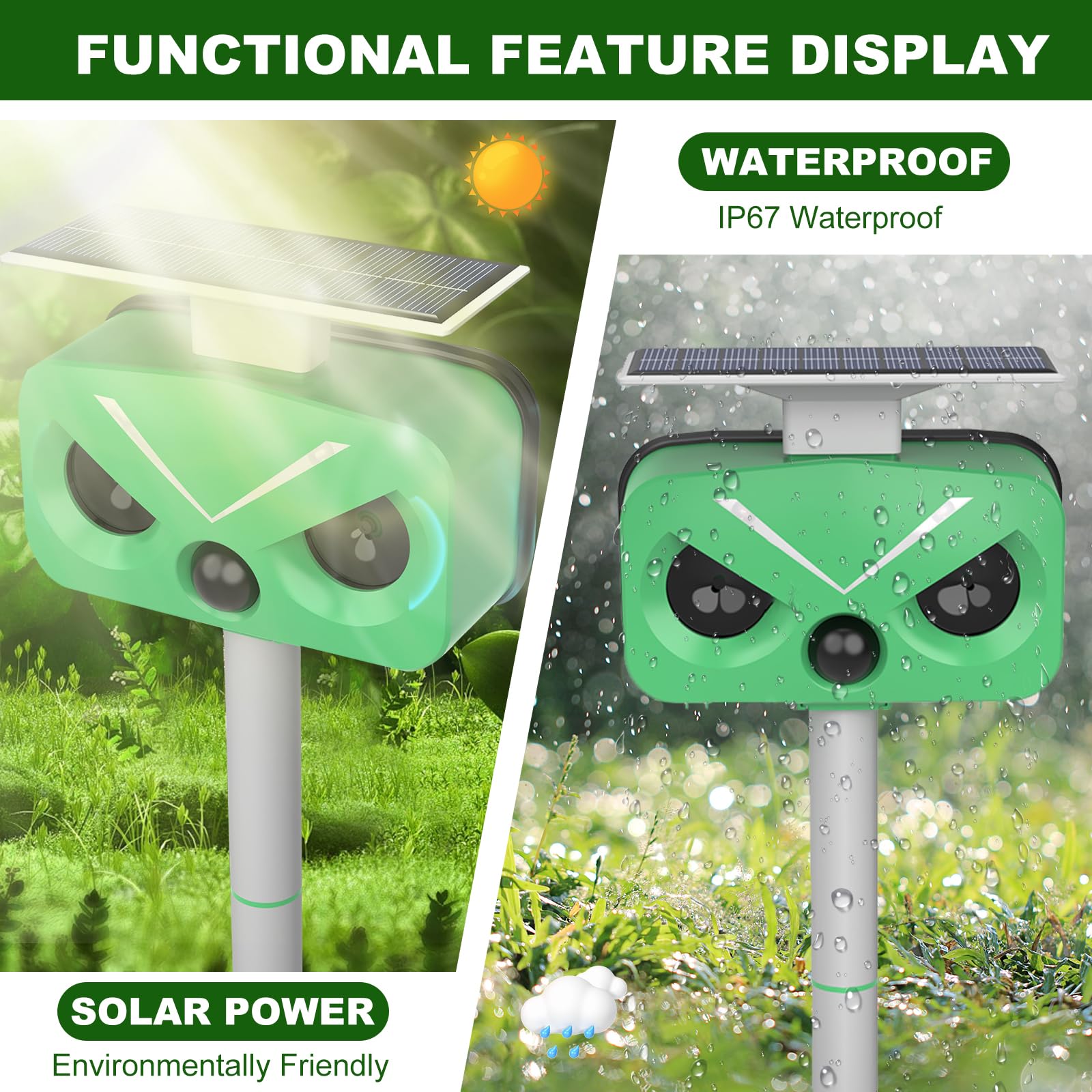 Upgraded Solar Ultrasonic Animal Repeller, Dog Outdoor, Cat Repeller for Squirrel, Raccoon, Skunk, Rabbit, Fox, Deer, Bird etc with Motion Detection, LED Flashing Light 028-2