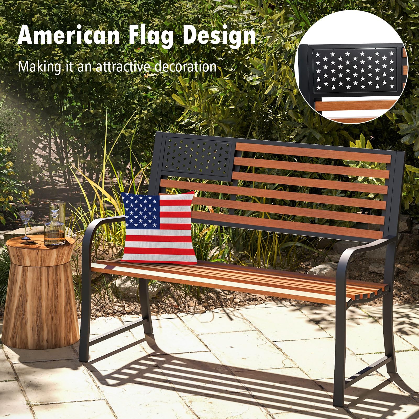 Giantex Outdoor Bench, 2-Person Metal Garden Bench with American Flag Backrest, Curved Armrests & Slatted Seat, 660 Lbs Capacity, Outdoor Bench for Lawn, Porch, Yard, Park Bench