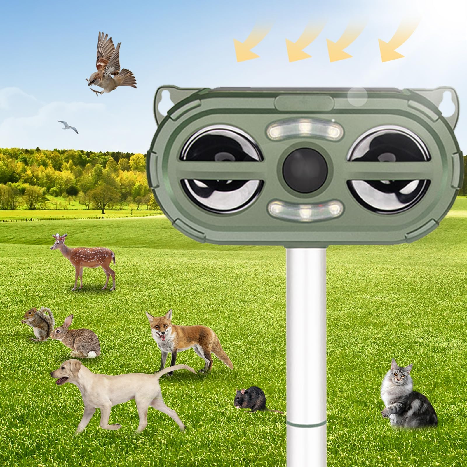 Solar Ultrasonic Animal Repeller, 2024 Dog Cat Repellent Outdoor, Deer Repellent with Motion Detection LED Flashing Light for Squirrel, Rabbit, Bird,Raccoon, Fox, Deer, Skunk, etc