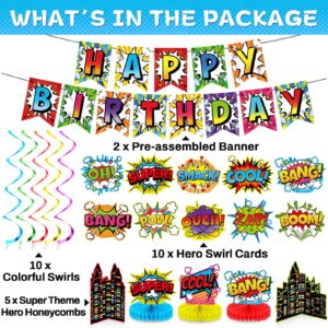 27pcs Super Theme Party Decorations Set Hero Birthday Banner Hanging Swirls and Honeycomb Centerpieces Fun Hero Theme Party Decor for Boys Girls Kids Baby Shower Party Supplies Favor