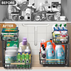 2 Pack Under Sink Organizer, Metal Slide out Sink Shelf Pull Out Cabinet Organizer Shelf, Kitchen Bathroom Organizers and Storage Metal Sliding Drawer, Multi-Purpose Storage for Home,Laundry Room