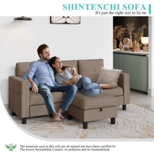 Shintenchi Convertible Sectional Sofa Couch, Modern Linen Fabric L-Shaped, 3-Seat Sofa Sectional with Storage Function Ottoman/Armrest Reversible Chaise for Living Room and Small Space (Brown)