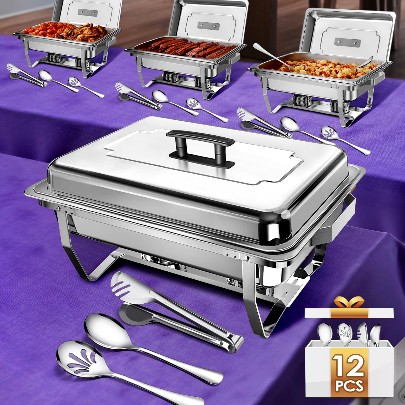 4 Pack Stainless Steel Chafing Dishes Buffet Set with Serving Utensils Sets by Teivio,9 QT Rectangular Silver Chafer Complete Set, Buffet Servers and Food Warmer for Catering, Party, Wedding