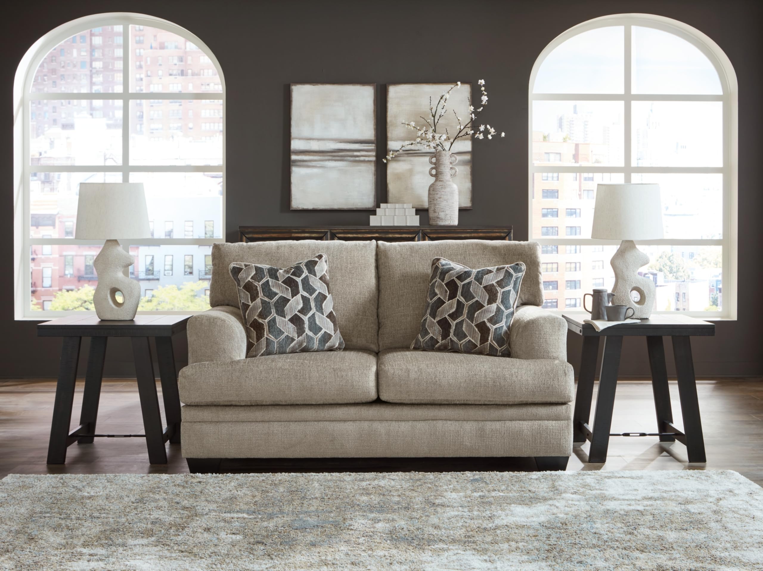 Signature Design by Ashley Stonemeade Casual Loveseat with 2 Toss Pillows, Light Brown