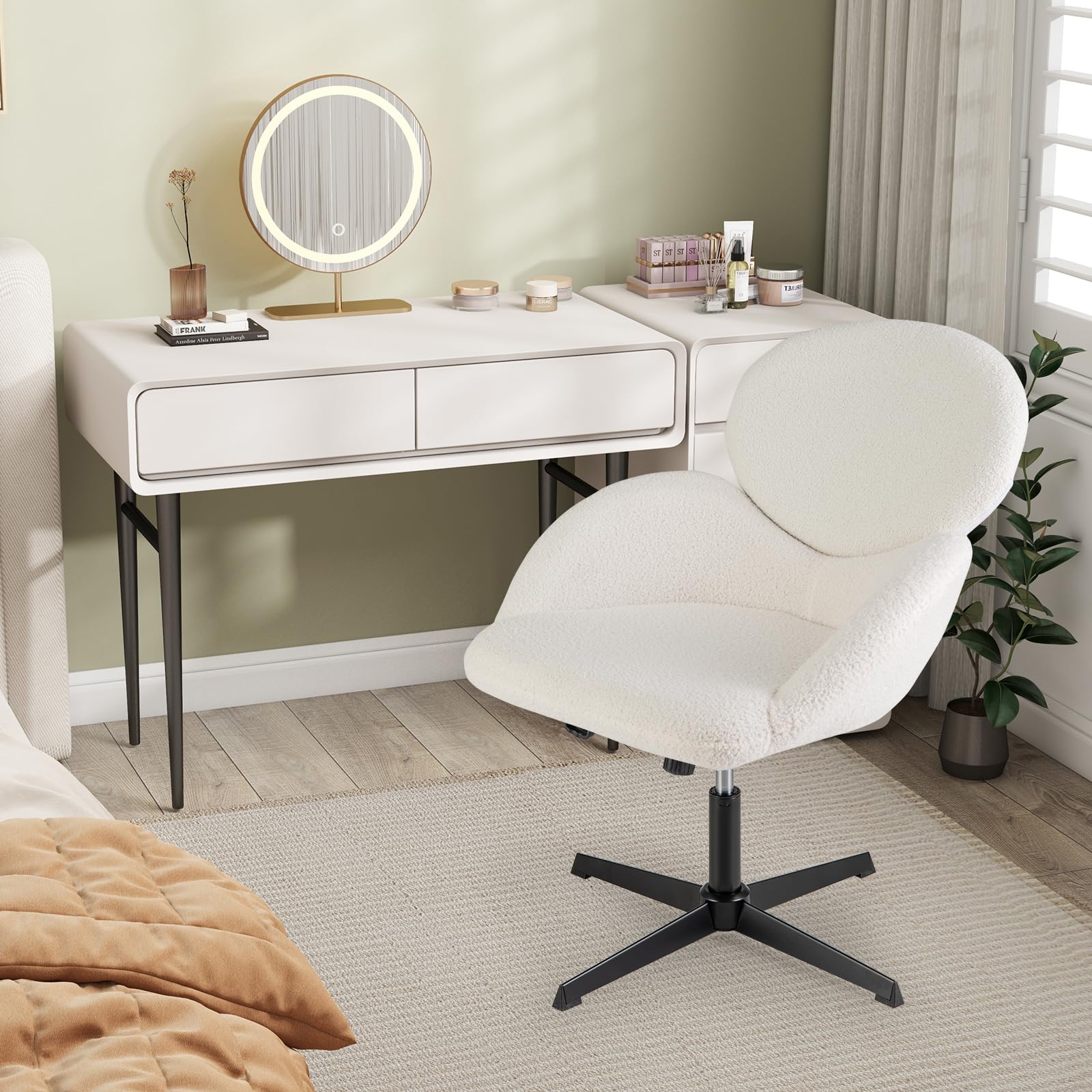 Giantex Criss Cross Chair, Faux Fur Cross Legged Desk Chair No Wheels w/Arms, Height Adjustable Upholstered Vanity Chair, Swivel Accent Chair for Living Room, Home Office, Bedroom, Make Up, White