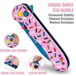 NedFoss DONUT Pink Pocket Knife for Women Men, 2.96" Blade Small EDC Knife, 14C28N Steel Button Lock Knife, Unique Donut Design G10 Handle Folding Utility Knife