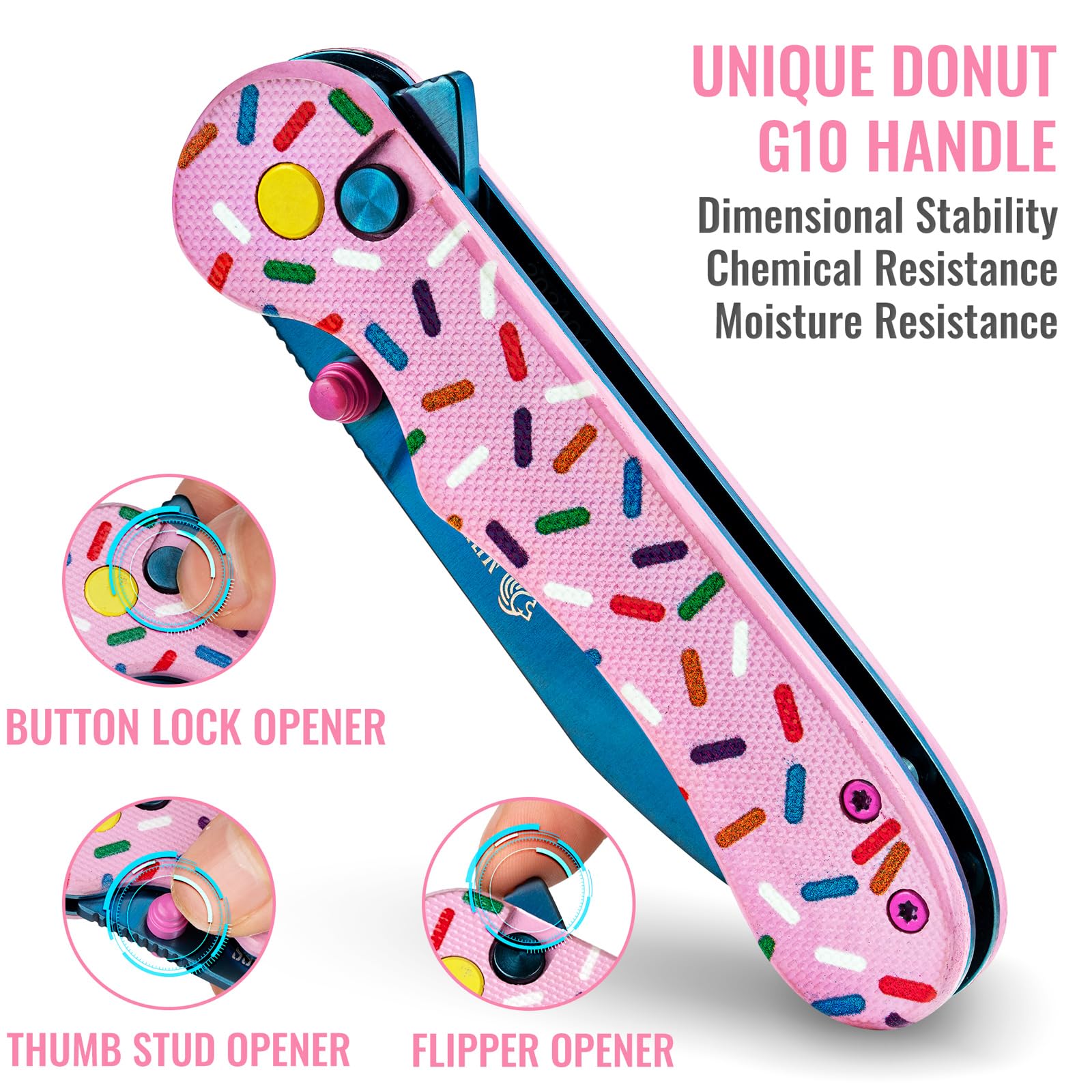 NedFoss DONUT Pink Pocket Knife for Women Men, 2.96" Blade Small EDC Knife, 14C28N Steel Button Lock Knife, Unique Donut Design G10 Handle Folding Utility Knife