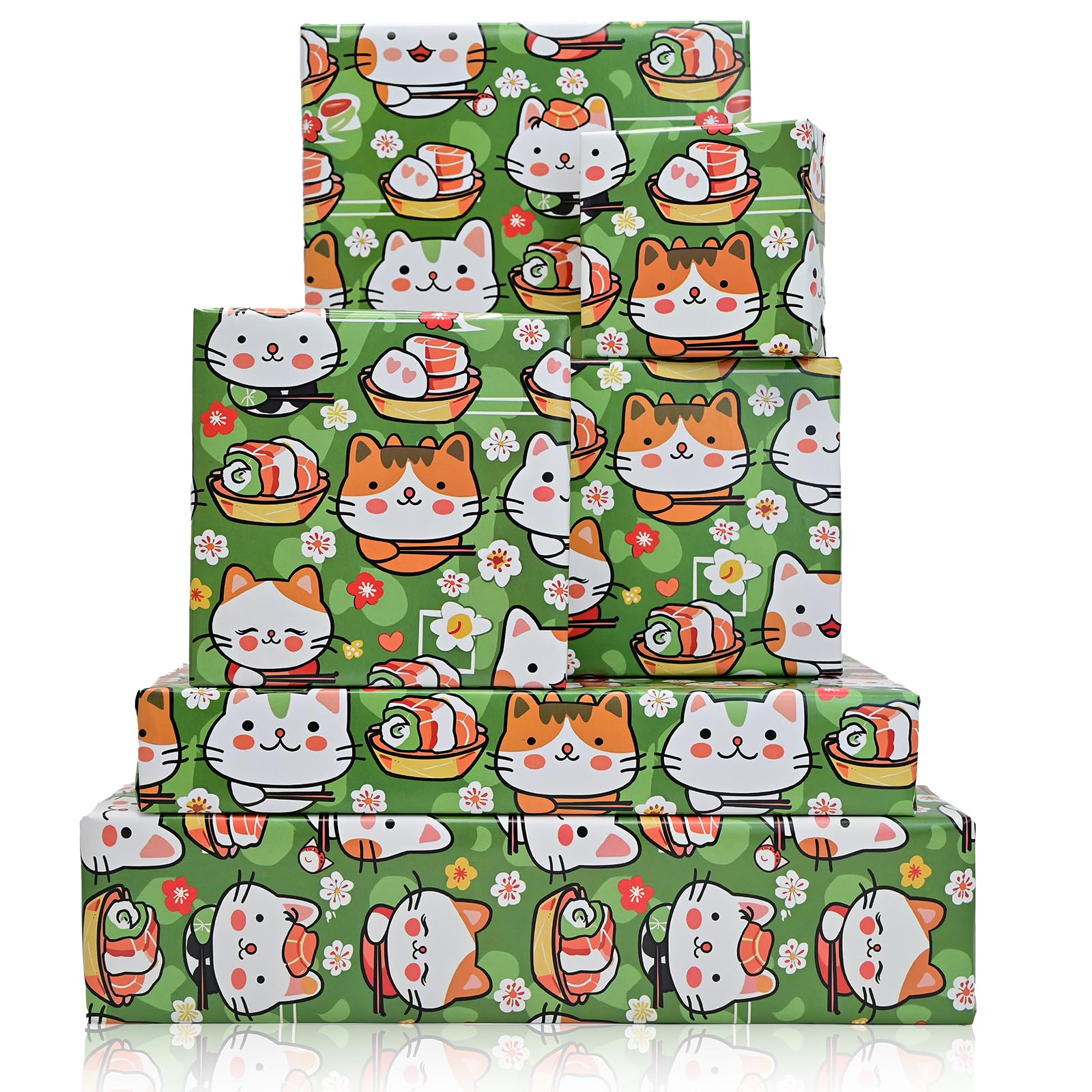 Vnaaem Sushi Cat Wrapping Paper 6 Pc Cute Kawaii Cat Japanese Food Gift Wrap Paper for Kids Girls Boys Birthday Baby Shower Holiday,19.6 X27.8Inch