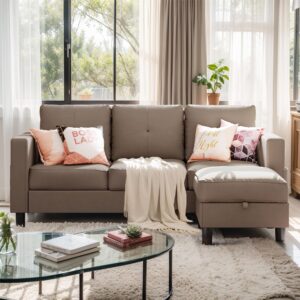 shintenchi convertible sectional sofa couch, modern linen fabric l-shaped, 3-seat sofa sectional with storage function ottoman/armrest reversible chaise for living room and small space (brown)