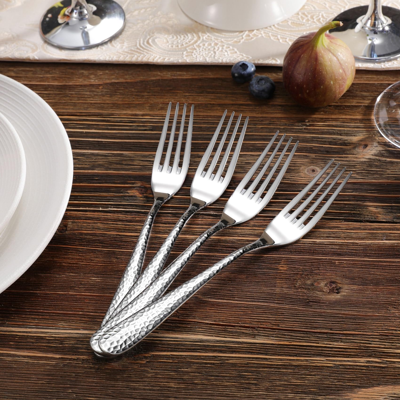 KEAWELL Premium 4-Piece/8-Piece Louise Hammered Fork Set, 18/10 Stainless Steel, Fine Fork Set with Round Edge, Brightly-Mirror polished, Dishwasher Safe. (4, 8" Dinner Forks)