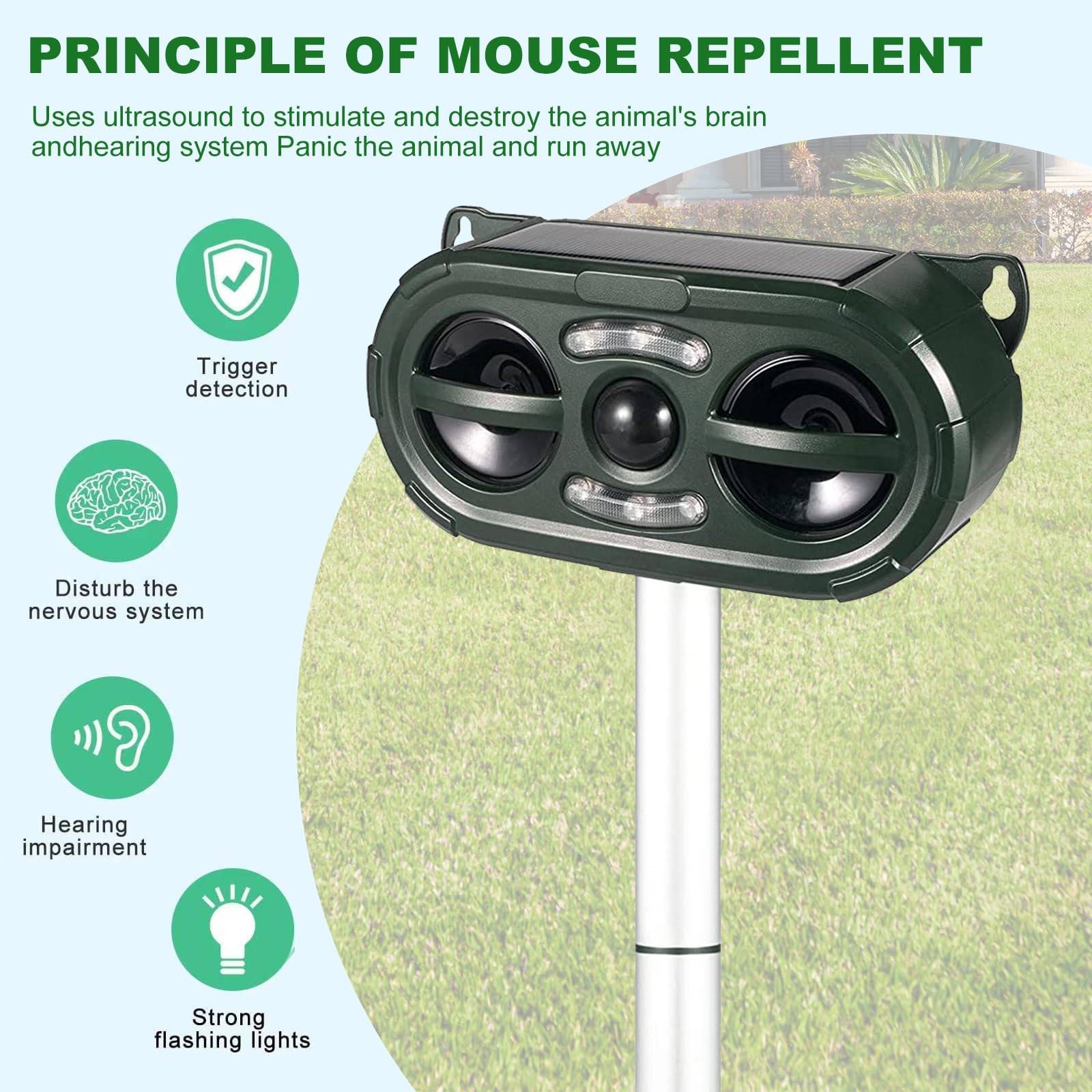 Solar Ultrasonic Animal Repeller, 2024 Dog Cat Repellent Outdoor, Deer Repellent with Motion Detection LED Flashing Light for Squirrel, Rabbit, Bird,Raccoon, Fox, Deer, Skunk, etc