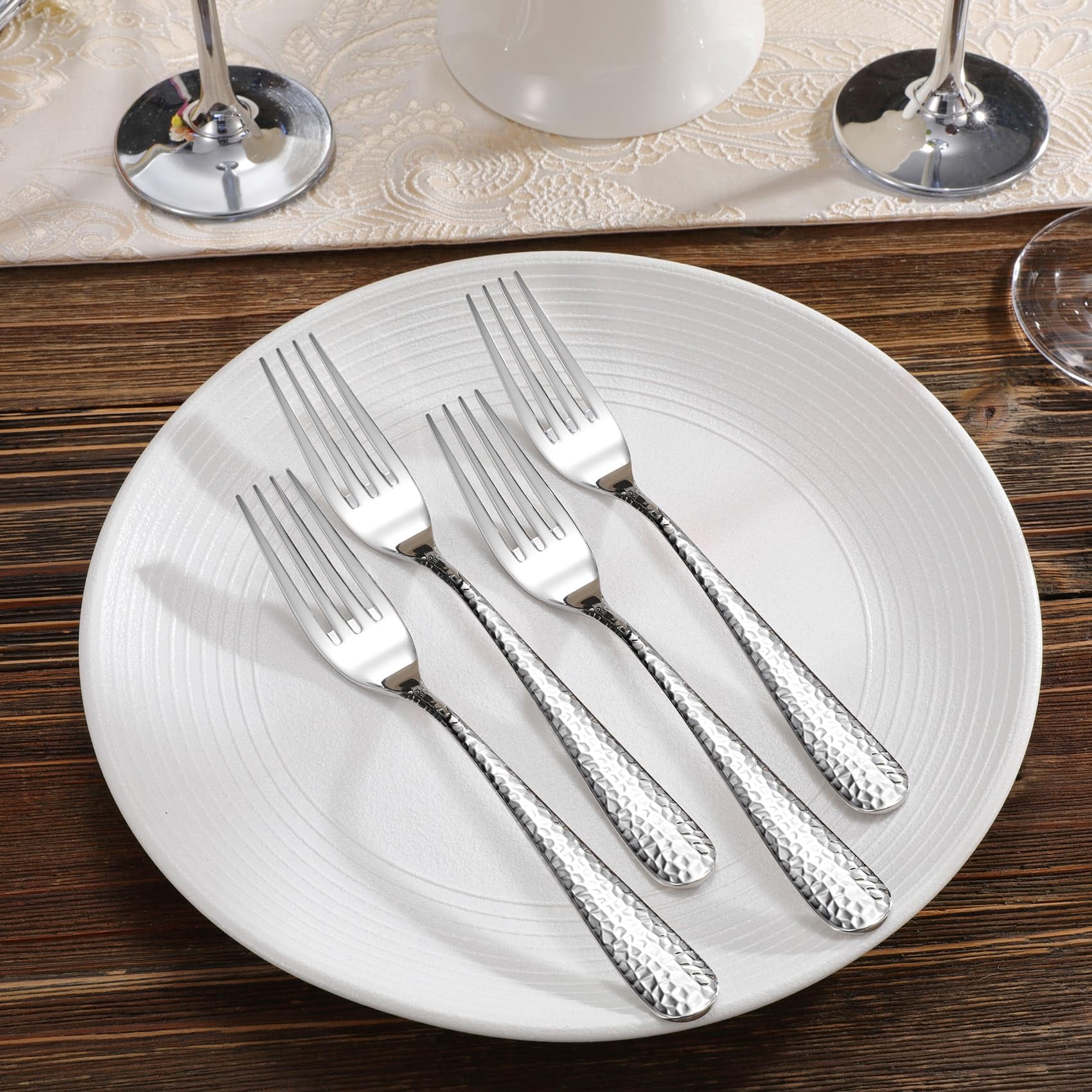 KEAWELL Premium 4-Piece/8-Piece Louise Hammered Fork Set, 18/10 Stainless Steel, Fine Fork Set with Round Edge, Brightly-Mirror polished, Dishwasher Safe. (4, 8" Dinner Forks)