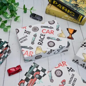 Vnaaem 8 Pc Race Car Wrapping Paper - Birthday Wrapping Paper for Kids Boys - Vintage Retro Car Gift Wrap for Christmas Birthday Baby Shower Holiday 19.6 X27.8Inch